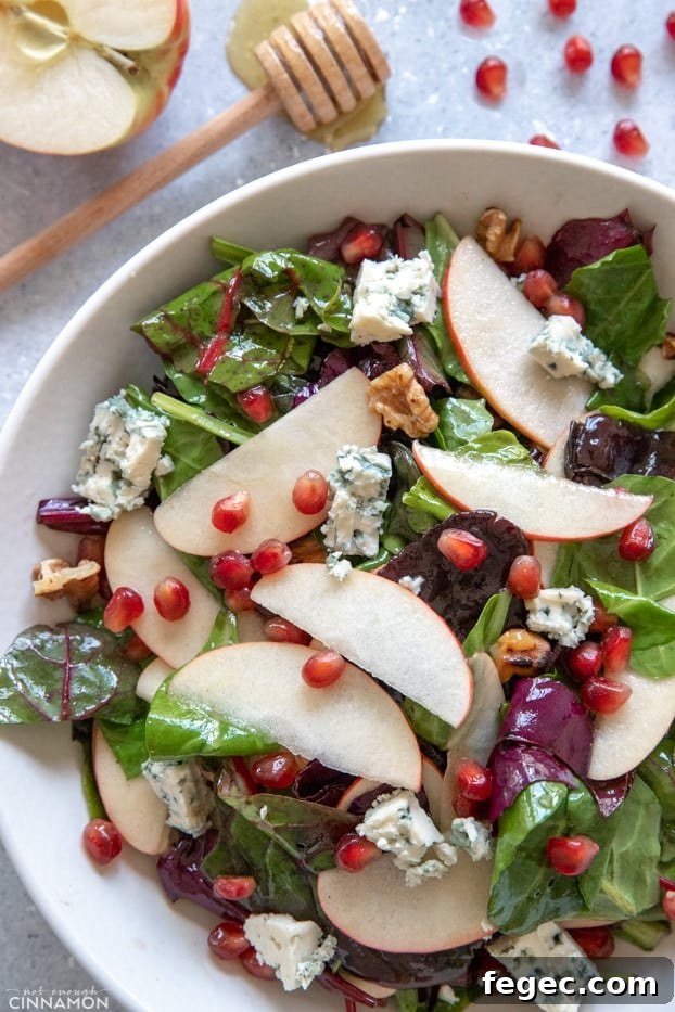 Apple and blue cheese salad with a sliced apple and honey dipper on the side