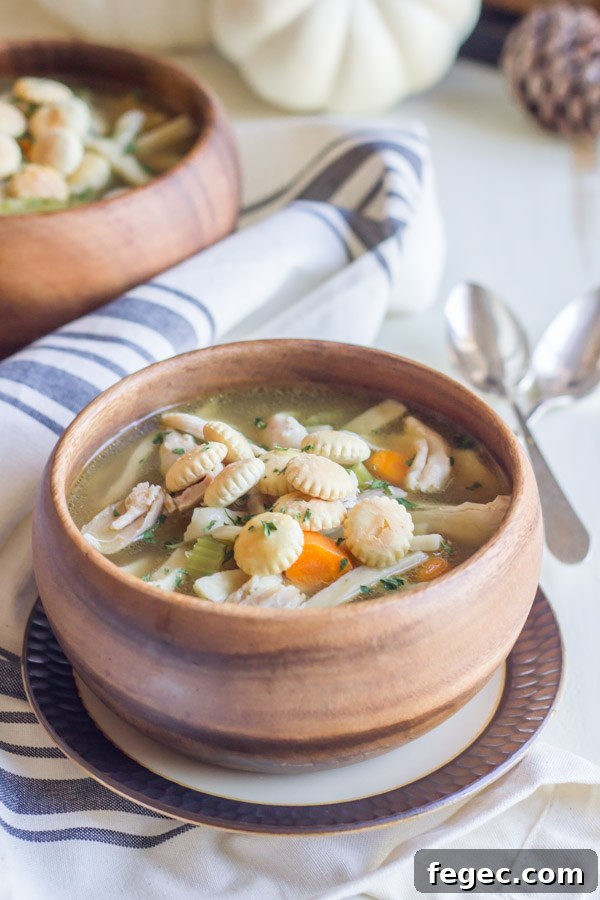 Homemade Chicken Noodle Soup in a bowl, topped with oyster crackers.  