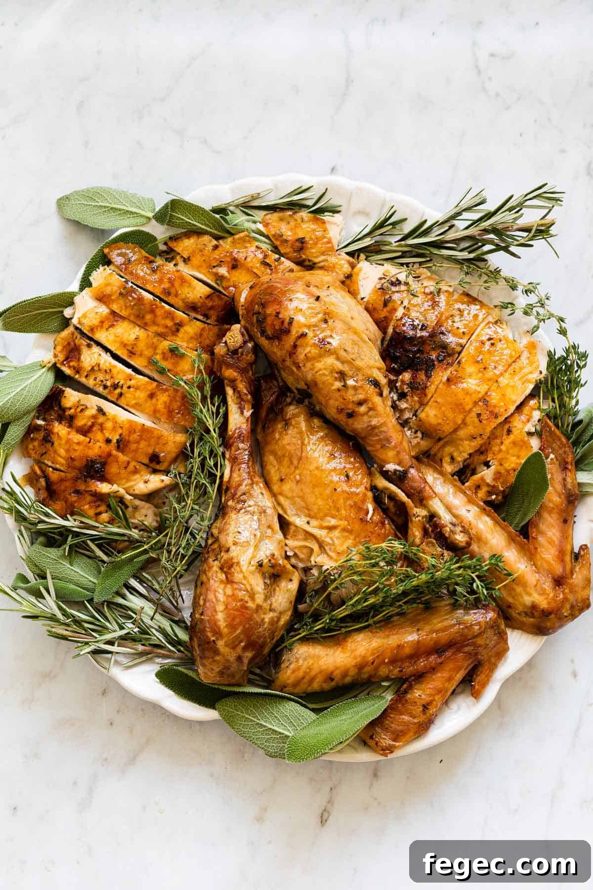 round platter with cut up roasted turkey and fresh herbs