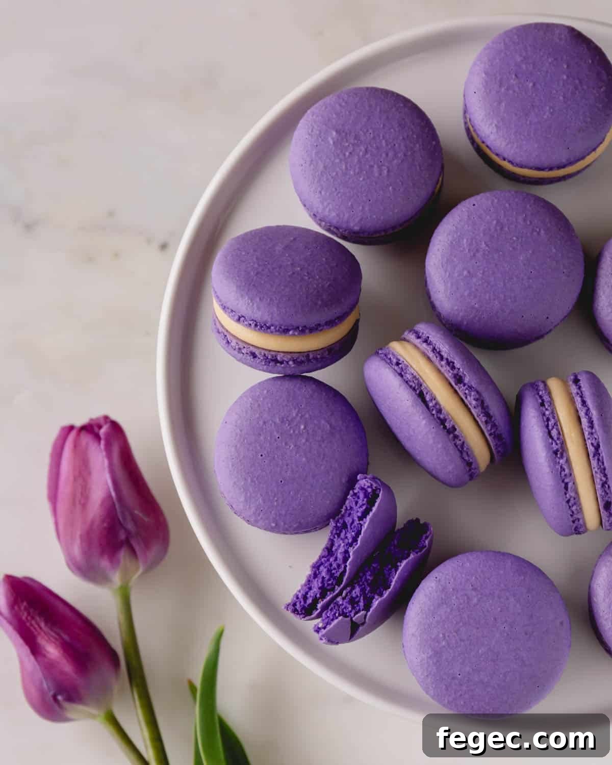 Food Coloring Guide: Uses, Tips, and Safety Essentials 3 Purple macarons on a white round dish.