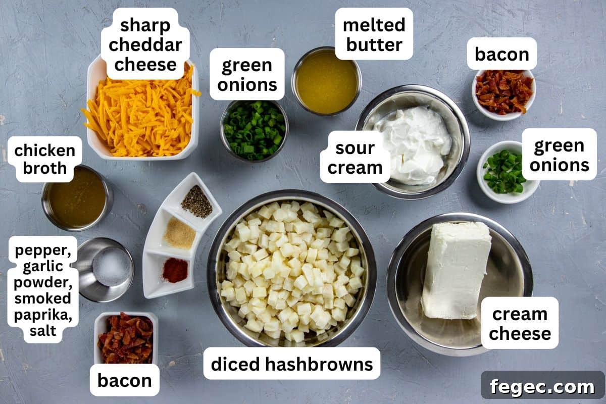 Cheesy Loaded Hash Brown Casserole with Bacon and Green Onions 3 All ingredients measured out in individual containers.