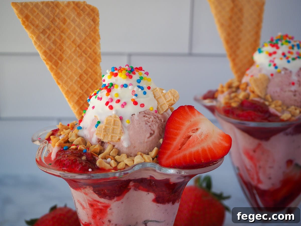 Close up of strawberry sundae with strawberry ice cream, strawberry sauce, fresh strawberry, whipped cream, nuts, waffles and rainbow sprinkles, with a second sundae in the background, surrounded by fresh strawberries.