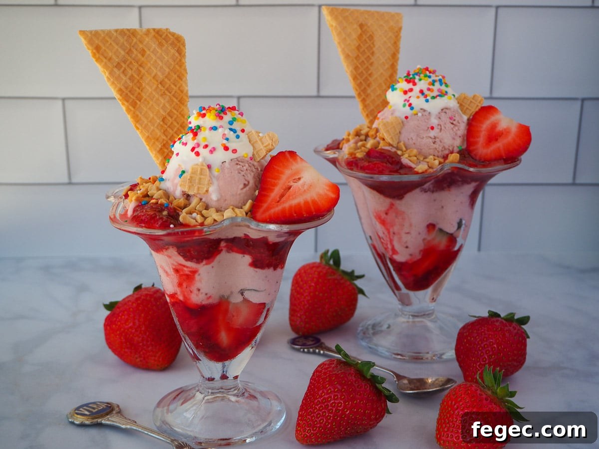 Two strawberry sundaes with strawberry ice cream, strawberry sauce, fresh strawberry, whipped cream, nuts, waffles and rainbow sprinkles, surrounded by fresh strawberries and two vintage spoons.