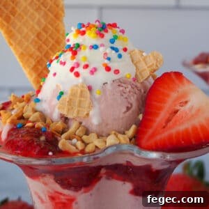 Close up of strawberry sundae with strawberry ice cream, strawberry sauce, fresh strawberry, whipped cream, nuts, waffles and rainbow sprinkles, with a second sundae in the background.