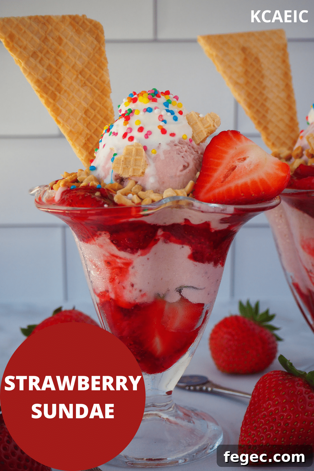 Close up of strawberry sundae with strawberry ice cream, strawberry sauce, fresh strawberry, whipped cream, nuts, waffles and rainbow sprinkles, with a second sundae in the background, fresh strawberries around them and vintage spoons.