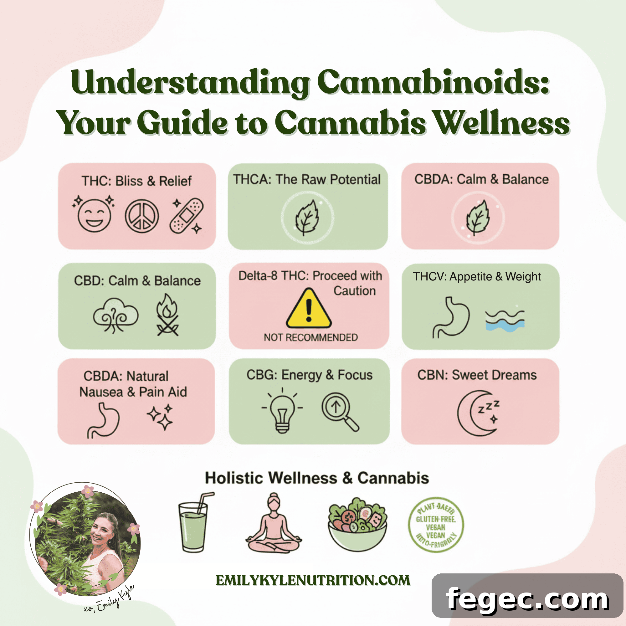 Cannabinoids chart infographic showing the effects of THC, THCA, CBD, CBDA, Delta-8 THC, THCV, CBG, and CBN.