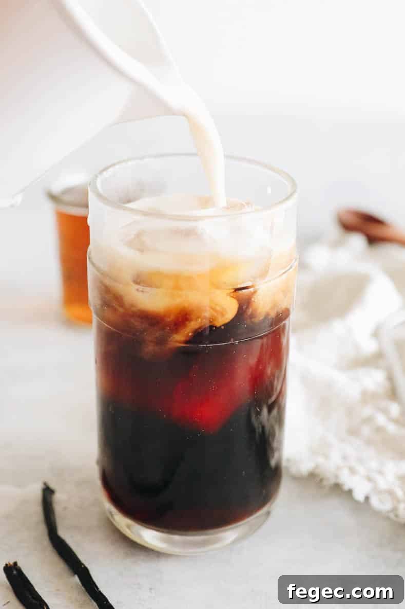 vanilla sweet cream cold brew in a large glass.
