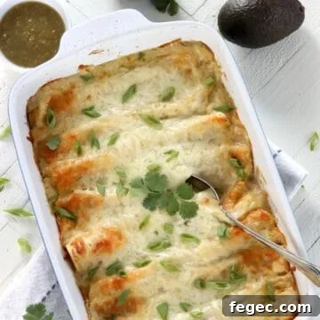 A rectangle white backing dish of vegan enchiladas with green chili sauce.