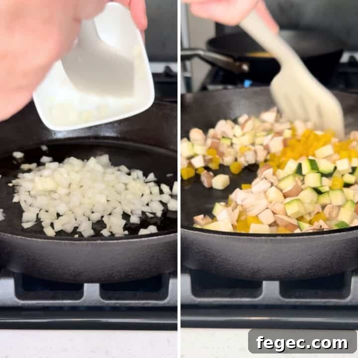 Sauteeing onions and vegetables in a cast iron skillet.