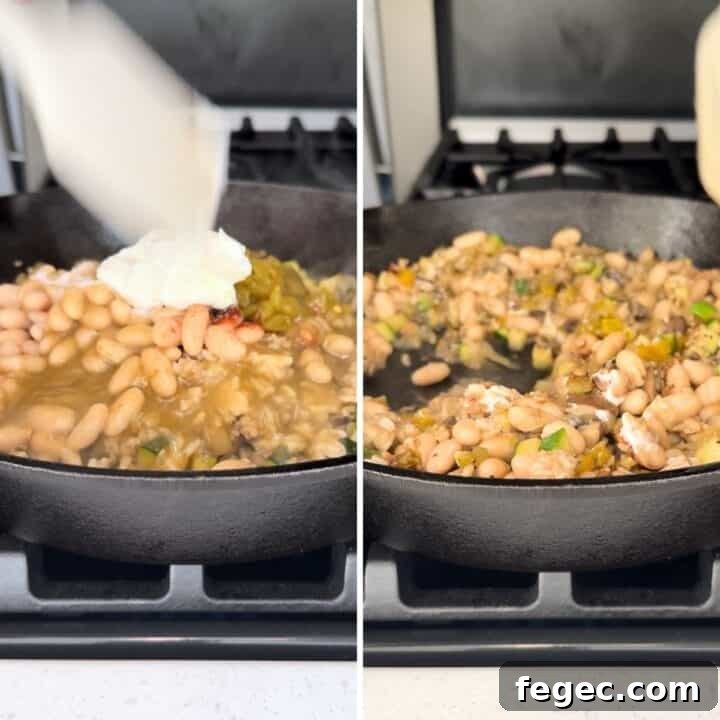 Adding the rest of the filling ingredients for the green vegan enchiladas.