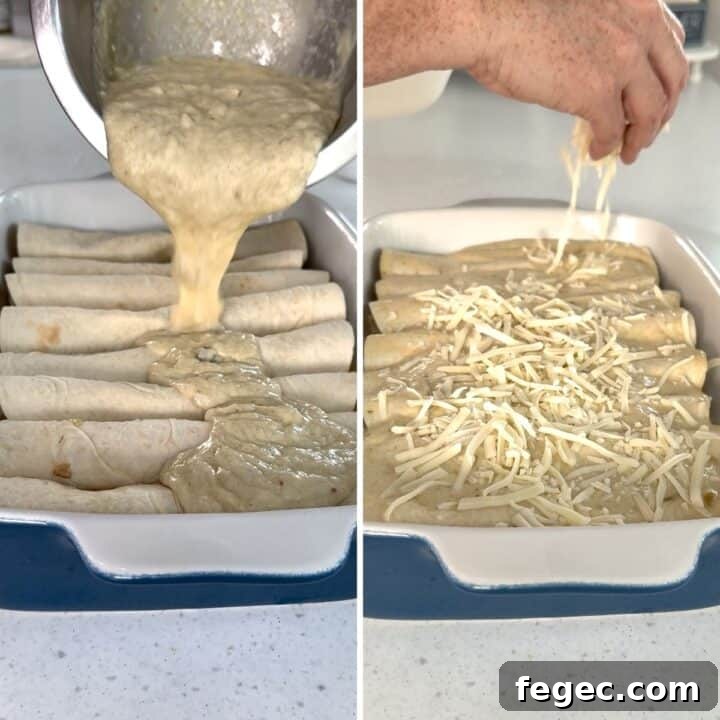 Pouring the vegan green enchiladas sauce over the top of the tortillas.
