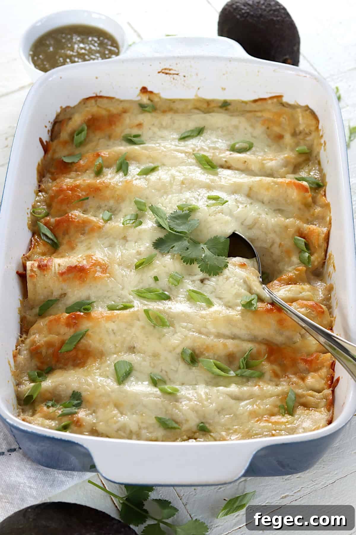 A blue and white rectangle baking dish with vegan enchiladas topped with fresh cilantro.