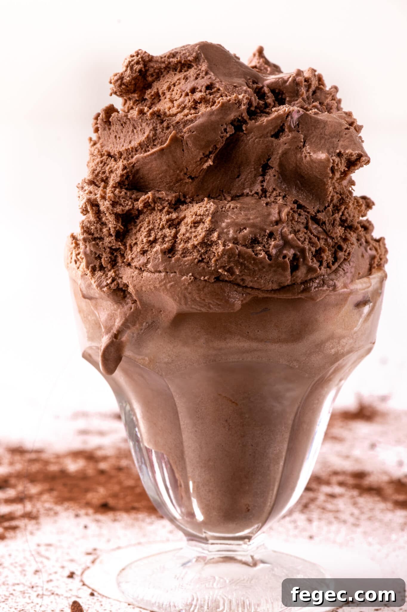 A sundae bowl with a large scoop of keto chocolate ice cream.