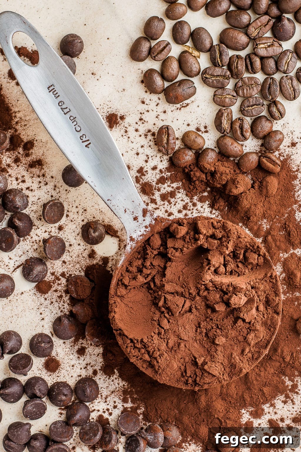 A scoop full of cocoa powder with chocolate chips scattered around it.