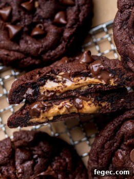 Chocolate peanut butter stuffed cookies on a wire rack.