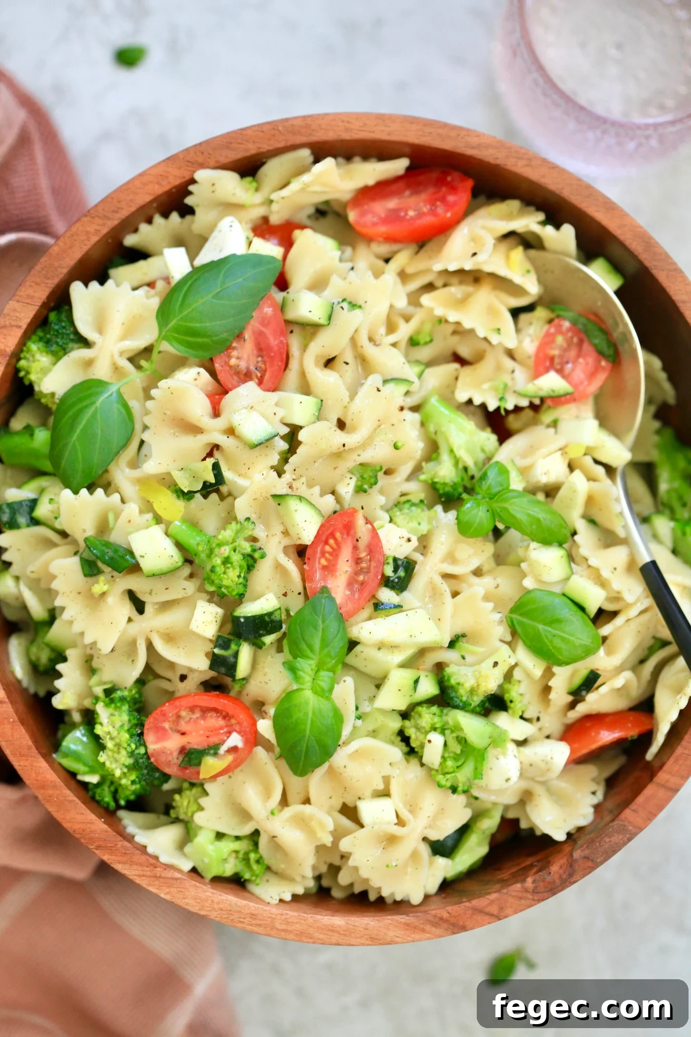 overhead view of pasta salad.