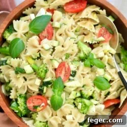 overhead view of pasta salad.