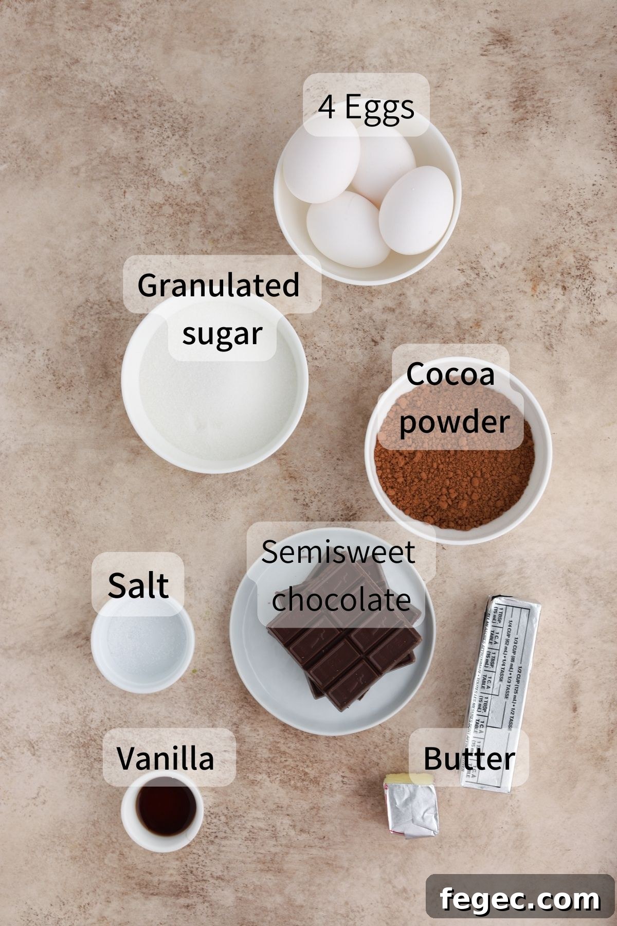 Labeled ingredients needed to make flourless chocolate cupcakes.
