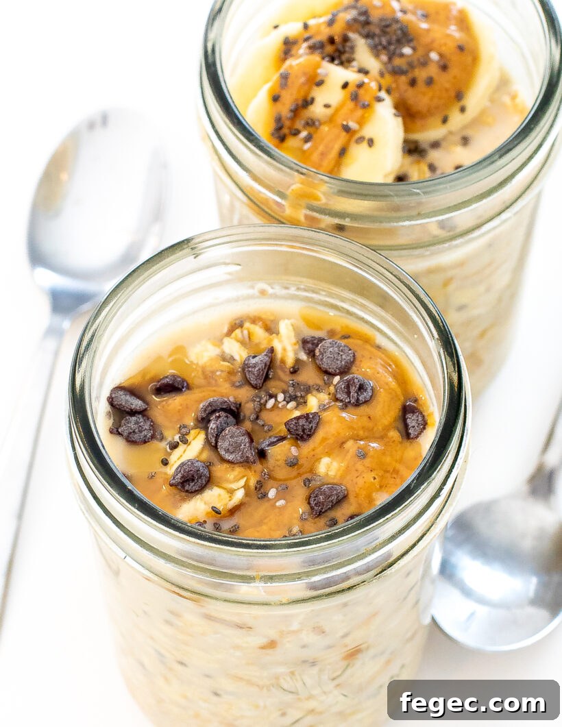 Creamy Peanut Butter Overnight Oats Recipe for Quick Breakfast 3 Two glass jars of peanut butter oats topped with chocolate chips.