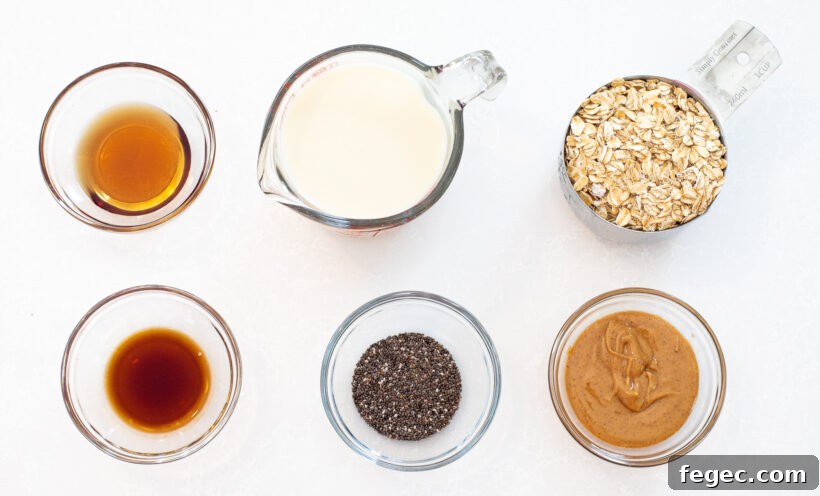 Creamy Peanut Butter Overnight Oats Recipe for Quick Breakfast 4 Ingredients needed for overnight peanut butter oats.