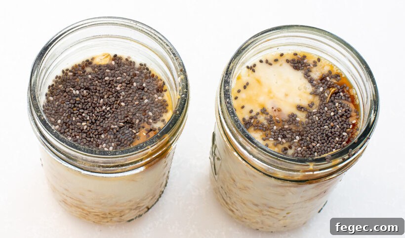 Creamy Peanut Butter Overnight Oats Recipe for Quick Breakfast 5 Assembling the overnight oats in two glass jars.