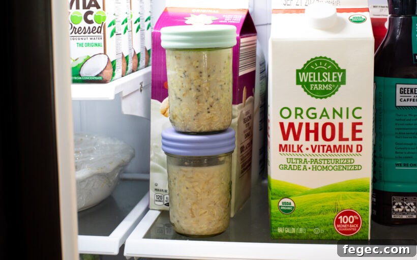 Creamy Peanut Butter Overnight Oats Recipe for Quick Breakfast 6 Overnight oats in a refrigerator.