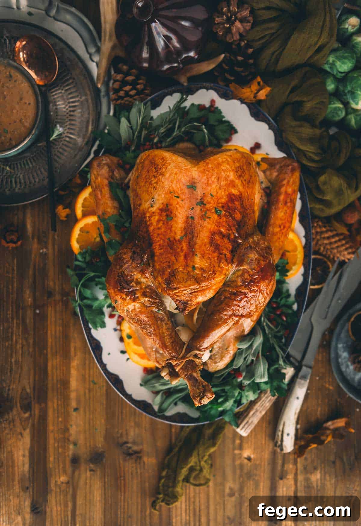 Oven roasted turkey on a serving platter.