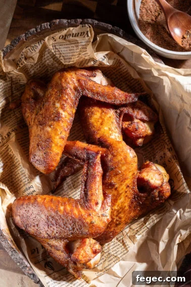 Three smoked turkey wings with seasoning.