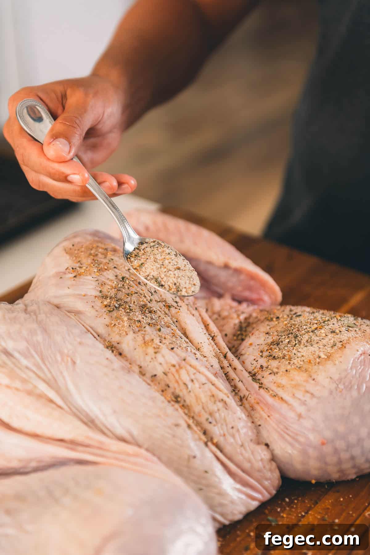 Hand sprinkling brine over a turkey.