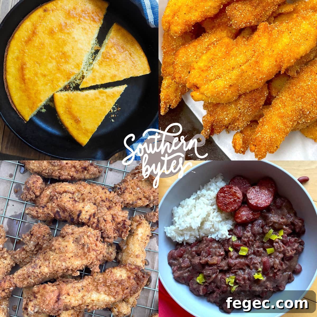 A collage of images showing side dishes for red beans and rice - fried catfish, fried chicken, and cornbread