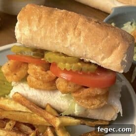 A fully dressed crispy fried shrimp po boy on a blue plate with crispy french fries.