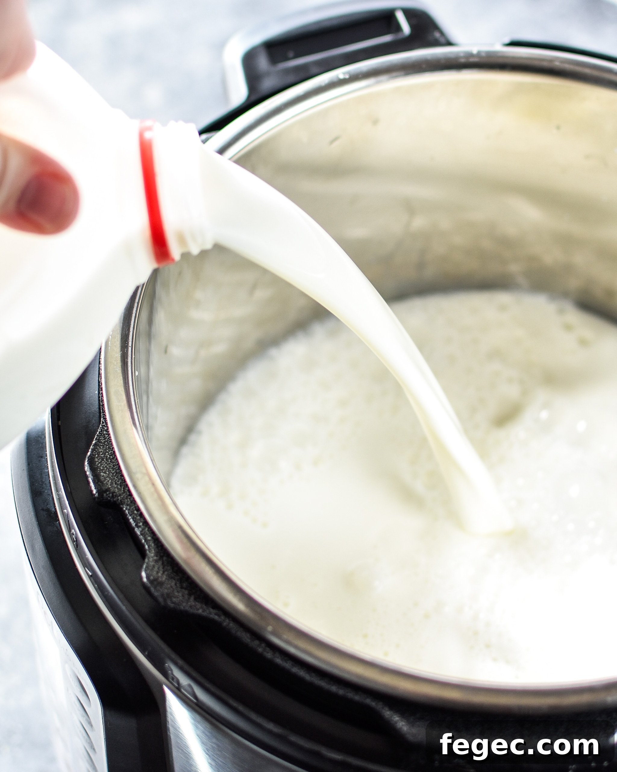 Pouring a gallon of milk into my Instant Pot to make yogurt.