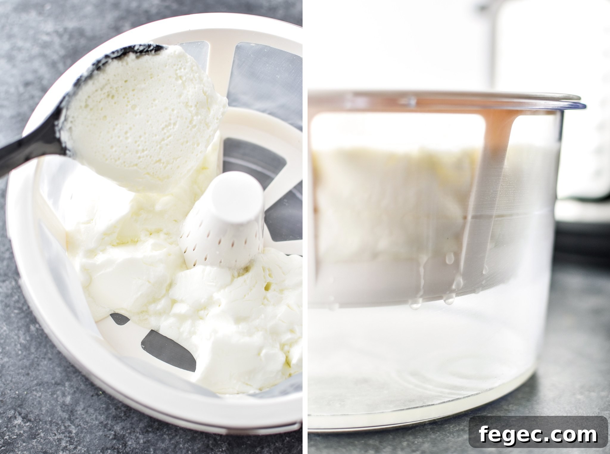 Left: Adding yogurt to the strainer. Right: Yogurt straining in the strainer with whey draining off.