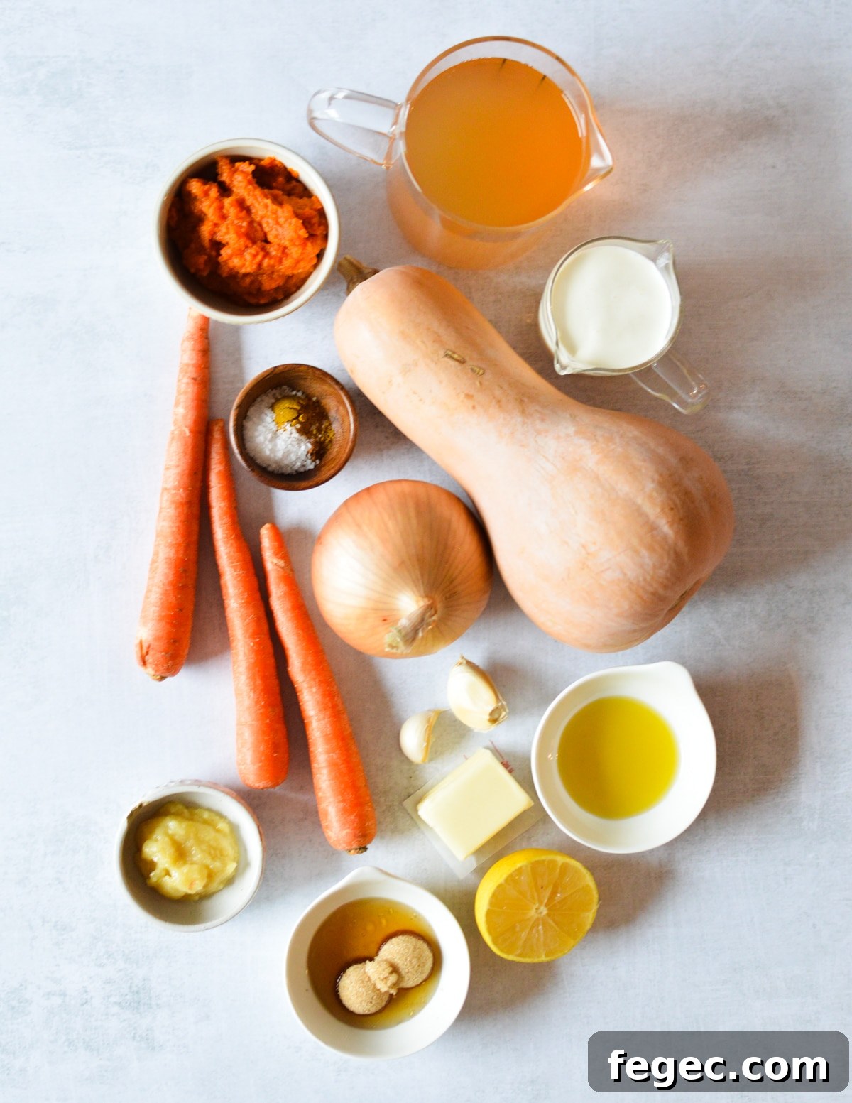 Creamy Roasted Butternut Squash Soup with Sage and Brown Butter 3 butternut squash, onion, carrots, olive oil, butter, garlic, honey, brown sugar, lemon, ginger paste.