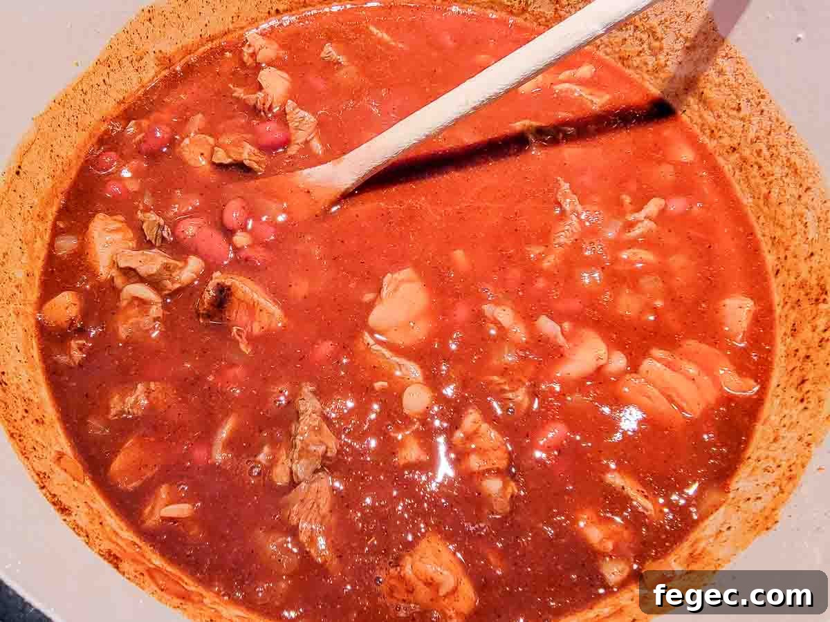 steak, onions, tomato sauce, chili beans, garlic salt, chili powder, beer, and cumin cooking in a pan.