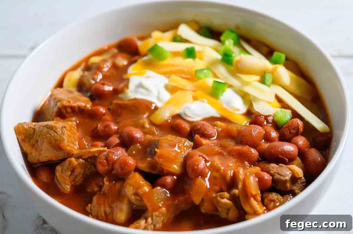 Beef Steak Chili topped with sour cream, shredded cheese, and jalapenos.