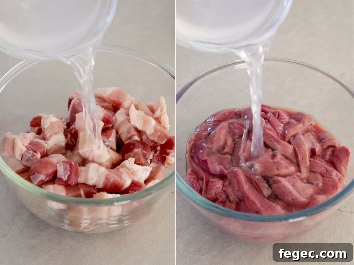 marinating pork and liver in vinegar in glass bowls.