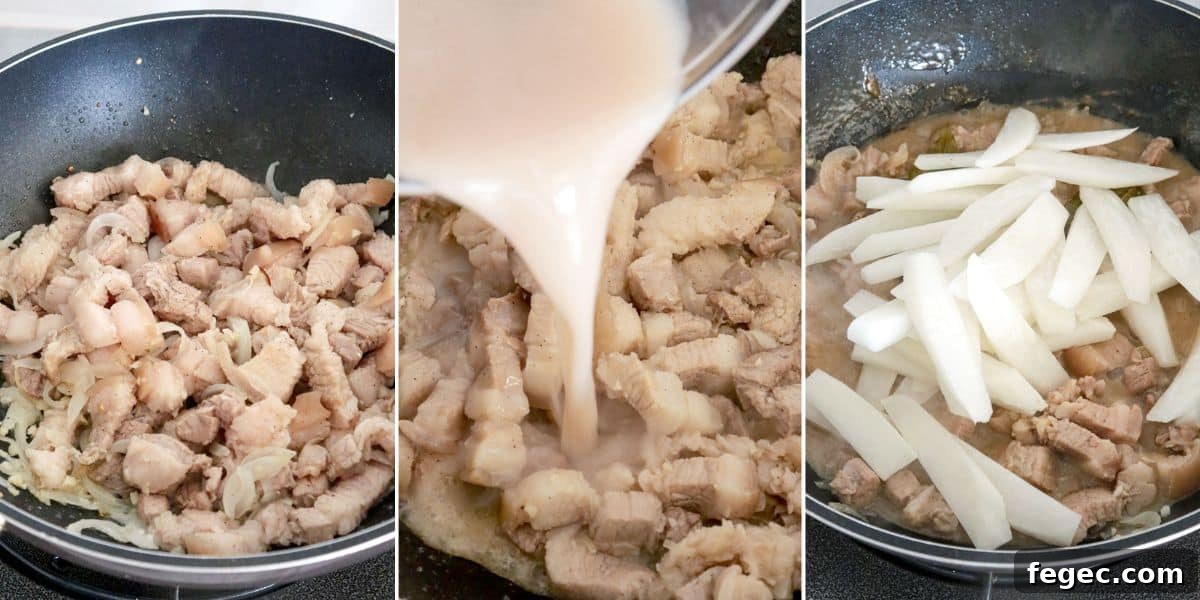 cooking Kilawing Labanos at Baboy in a pan.
