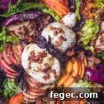 Close up shot: Peach Salad with Burrata & Crispy Bacon, all assembled, overhead shot.