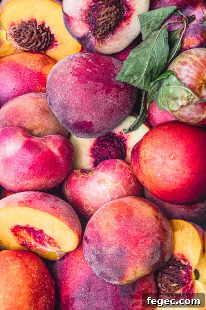 Lots of farmers market fresh raw peaches, some are cut in half, overhead shot.