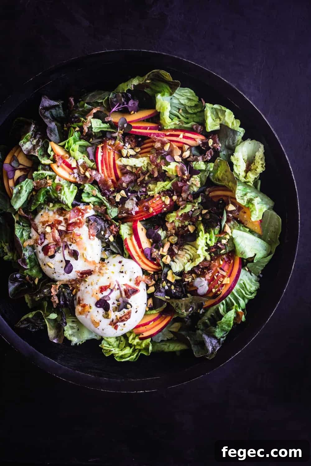 Stone Fruit & Crispy Prosciutto Salad with little gems, burrata, micro greens and dressing all ready to eat.