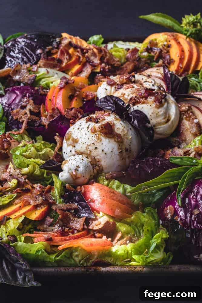 Up close and side angle shot of peach salad with burrata, bacon, basil, little gem and drizzled with vinaigrette.