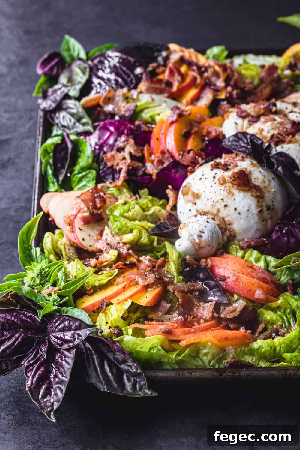 Peach Salad with Burrata & Crispy Bacon with basil - side angle shot, on a black background.