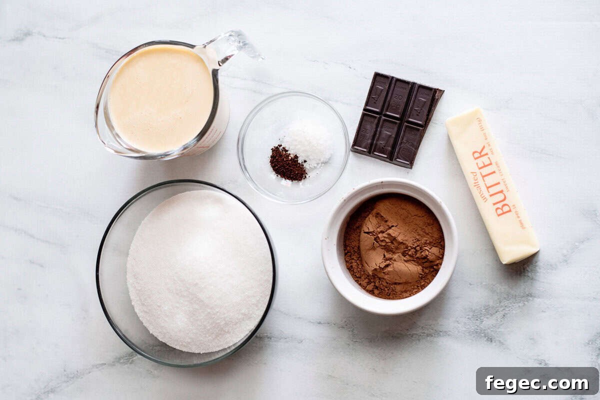 homemade hot fudge ingredients arranged on a counter top