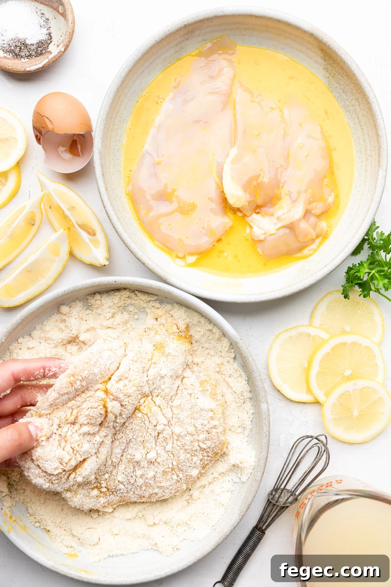 Gluten-Free Chicken Piccata with Lemon Caper Sauce 4 a hand dipping a chicken breast into an almond flour spice mixture after being dipped in egg