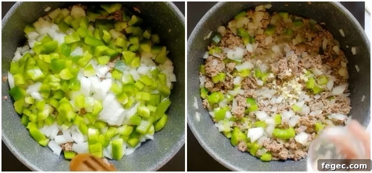 Cooking the onions, peppers, and garlic.