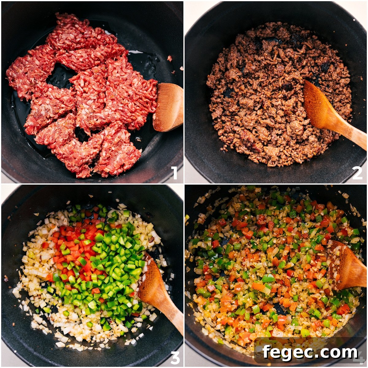 Browning the meat and sautéing the veggies for this stuffed pepper soup recipe.
