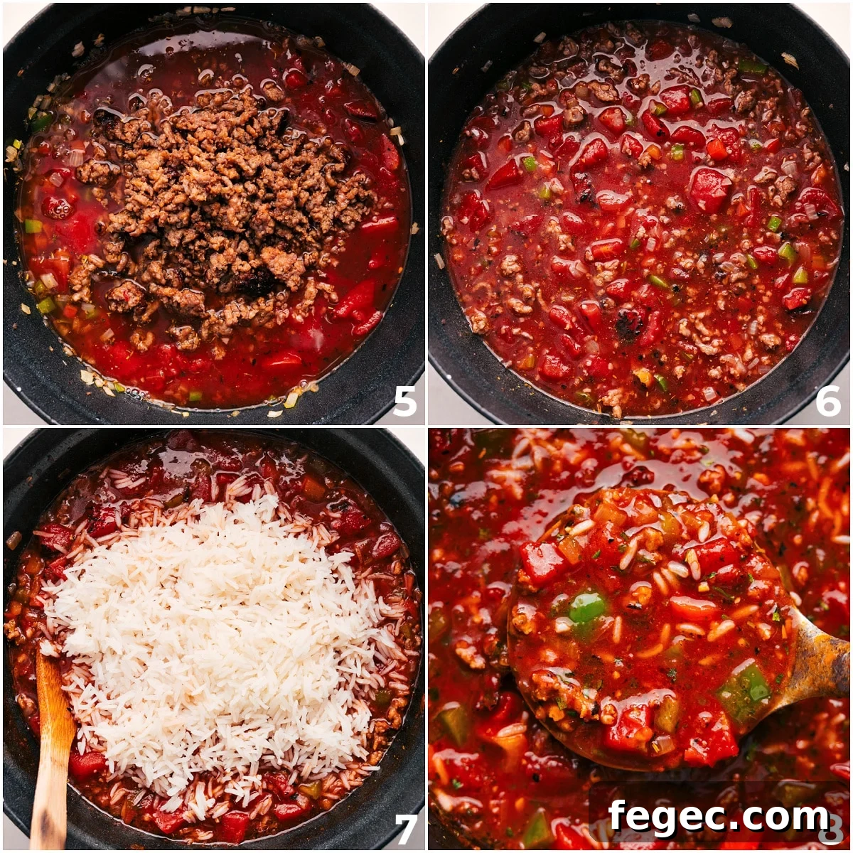 The meat and rice being added into the pot and a big scoop coming out.