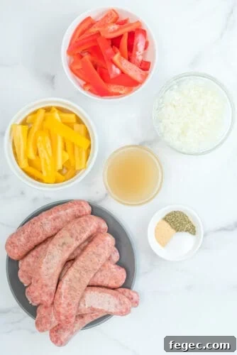 Recipe ingredients for sausage and peppers in crockpot.