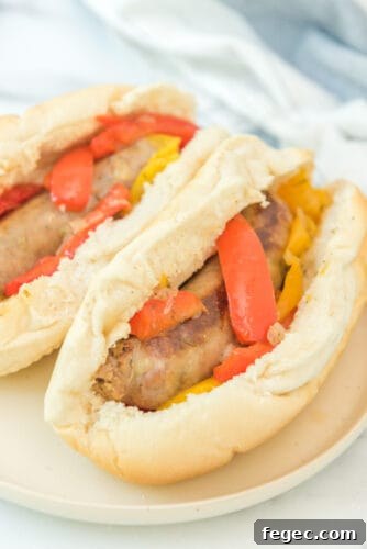 Sausage and peppers in hoagie buns.